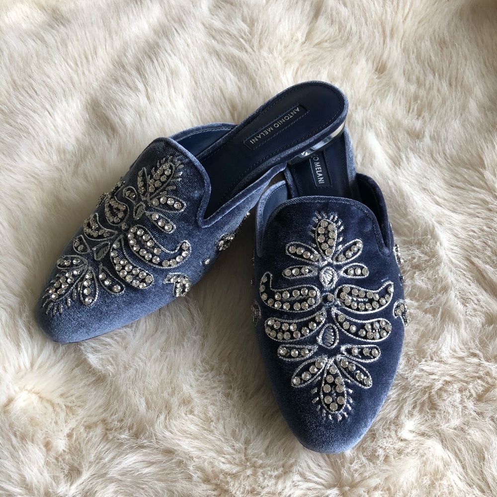 Antonio Melani Oguna blue velvet jeweled mules